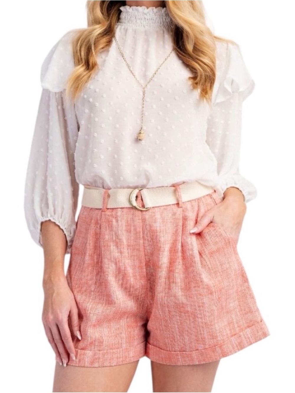 Easel Coral Textured Linen Blend High Rise Pleated Shorts with Belt Sz L. NWT